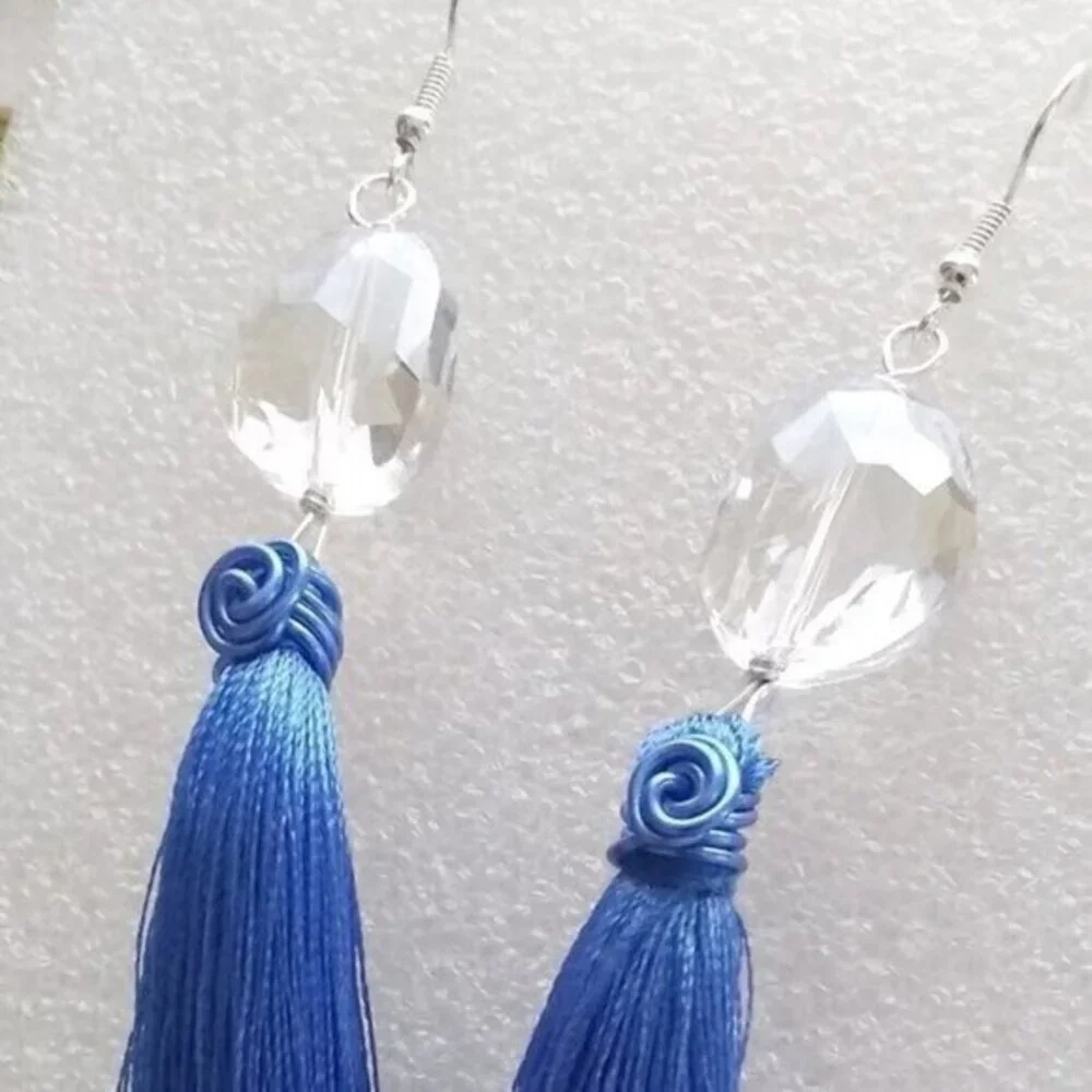 Shoulder Dusters! Extra Long Dangle Earrings - Faceted Clear Crystal + Tassels